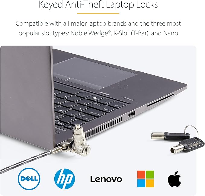 StarTech.com 25-Pack Universal Laptop Lock 6.6ft (2m), Master Keyed Security Cable, Compatible with Noble Wedge/Nano/K-Slot; TAA