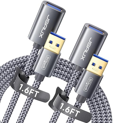 JSAUX 2Pack 1.6FT+1.6FT USB 3.0 Extension Cable, Type A Male to Female USB Extender Cord Nylon Braided Compatible with Webcam, Camera, Phone, USB hub, Mouse, Keyboard, Printer, Hard Drive, Xbox-Grey