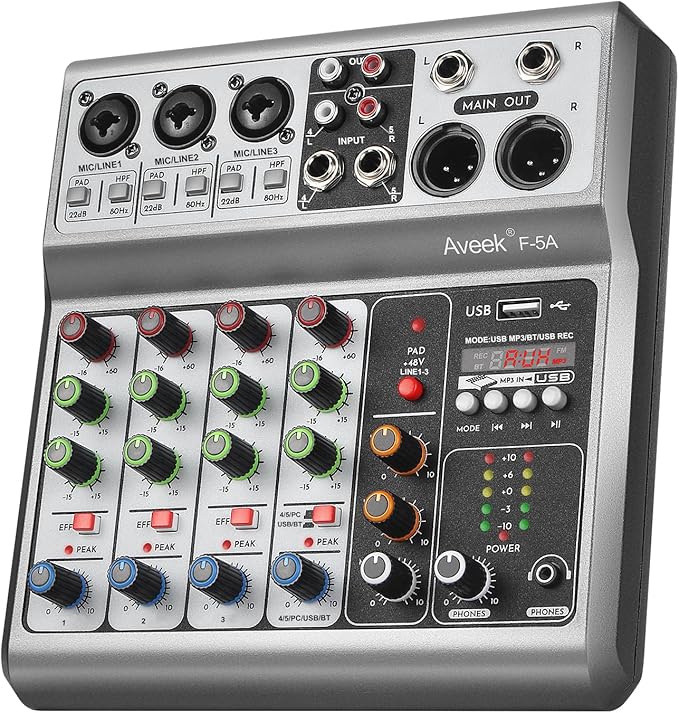 Aveek Professional Audio Mixer, Sound Board Mixing Console with 5 Channel Digital USB Bluetooth Echo Delay Effect, Input 48V Phantom Power Stereo DJ Mixers for Recording, Live Streaming, Podcasting