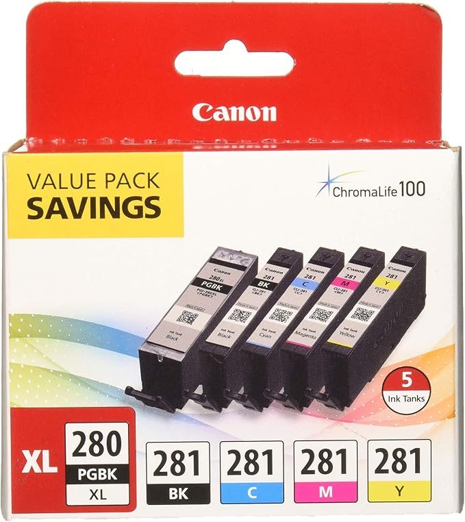 Canon PGI-280XL/CLI-281 5 Color Pack Compatible to TR8520, TR7520, TS9120 Series,TS8120 Series, TS6120 Series and CanonInk Glossy Photo Paper 4"x 6" 100 Sheets (1433C001)