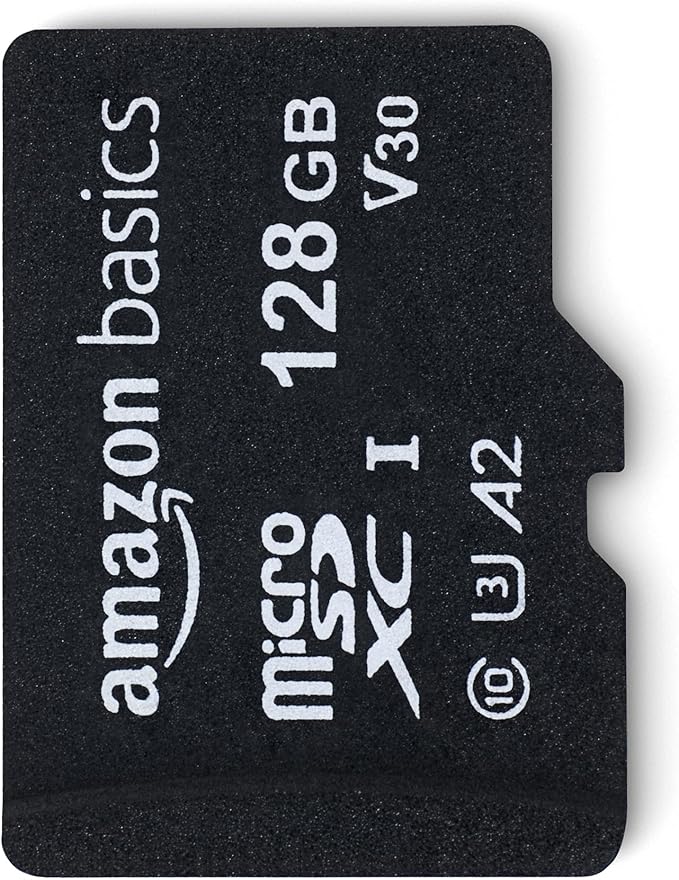 Amazon Basics Micro SDXC Memory Card with Full Size Adapter, A2, U3, Read Speed up to 100 MB/s, 128 GB, Black