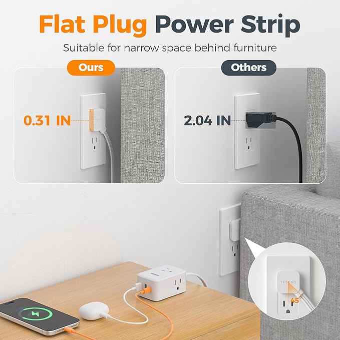 TESSAN Cruise Essentials, Flat Plug Power Strip, 5 Ft Extension Cord with 3 USB (1 USB C), 3 Outlets Small Charging Station, Non Surge Protector for Cruise Ship Travel, Dorm, Home Office, White
