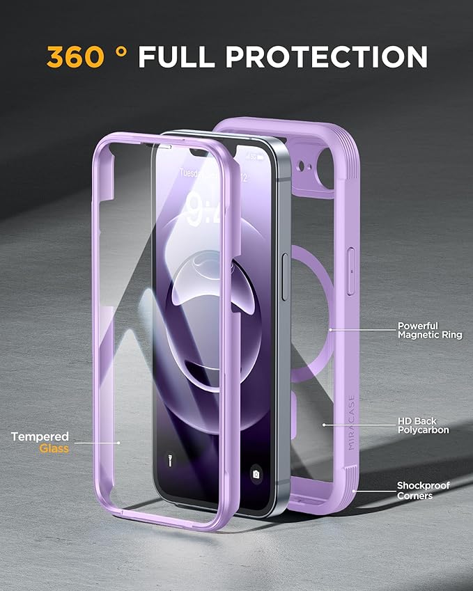 Miracase Magnetic for iPhone 16e Case Full-Body Phone with Built-in Glass Screen Protector, [Compatible with MagSafe] Military Drop Proof 16E Cover Bumper 6.1 inch, Purple