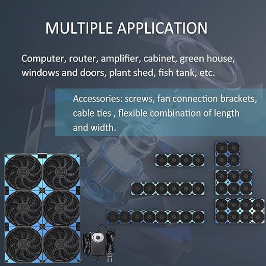 120mmx6 720mm Adjustable Computer PC Vent Fans 3V-12V Speed Controller for Flexible Arrange Cabinet Rack Space Window Wall Server Mining Rig Chicken Coop Exhaust Cooling