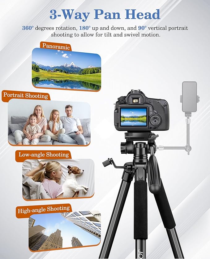 JOILCAN 75" Camera Tripod, Tripod for Camera Cell Phone, Aluminum Heavy Duty Tripods Stand, Tall Travel Tripods with Carry Bag Compatible with iPhone Canon Nikon DSLR Camera Laser Projector