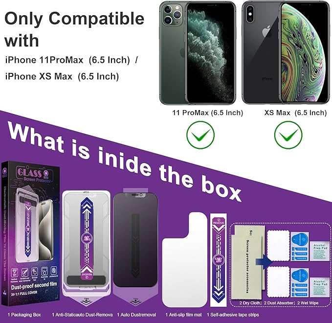 2 Pack Matte Privacy Screen Protector for iPhone 11 Pro Max/iPhone XS Max, 9H Tempered Glass, Full Coverage, Anti-Fingerprint, Auto Dust-Elimination, No Bubble, Easy Installation