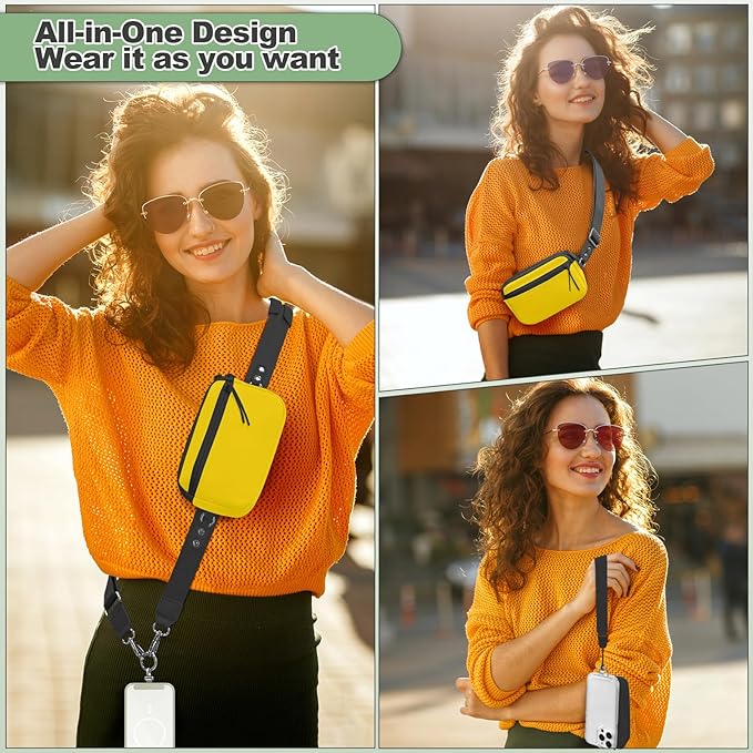 Clip and Go Strap for Phone with Wallet Crossbody, Adjustable Phone Lanyard with Detachable RFID Wristlet Wallet & Ultra-Thin 360° Rotatable Metal Tabs for All Smartphones (Yellow)