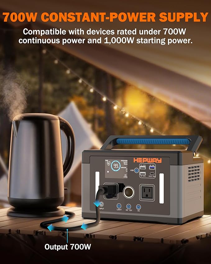 Portable Power Station 700W,577Wh Solar Generator Surge 1000W Pure Sine Wave 120V AC DC Outlets,Battery Powered Generator Home Backup Battery for CPAP,Home Emergencies,Camping,RVs,Blackout