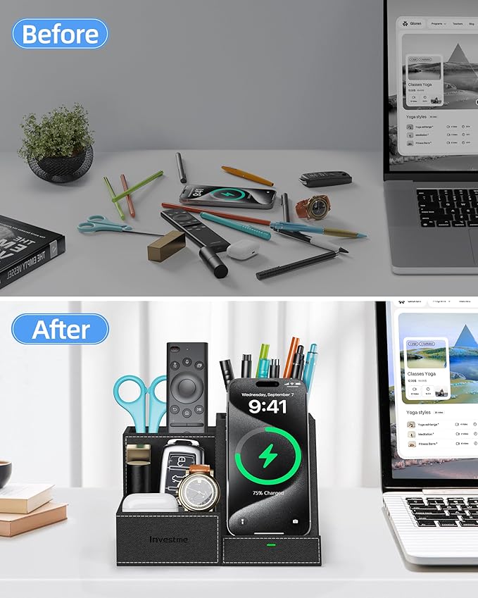 Wireless Charger with Desk Organizer, Pen Pencil Holder, Multifunctional Desktop Organizer, Office Supplies and Desk Accessories Organizer with 3 Compartments and 1 Phone Stand