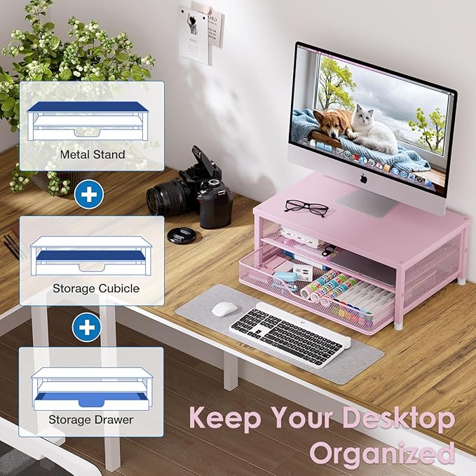 Desk Organizers and Accessories, 2-Tier Computer Monitor Stand Riser with Drawer, Laptop Stand, Office Desk Accessories, Workspace Desktop Organizer for Office Supplies, Pink