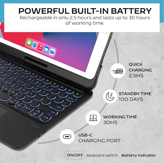 QUARK Keyboard Case for iPad Pro 9.7 inch 6th Gen / 5th Gen, 360° Rotatable Wireless Keyboard Case for iPad Air 2 & Air 1 with Multi-Touch Trackpad, Thin & Light, 7 Color Backlit (Black)
