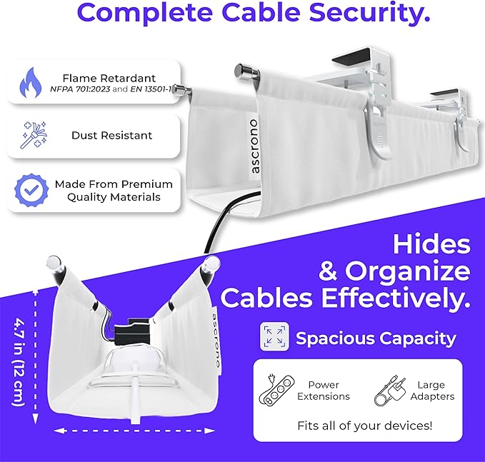 Ascrono Original No Drill Under Desk Cable Management Tray 40.6" - Premium White Fabric Cable Management Under Desk - Clamp/Screw Mount Cord Organizer - Supports Upto 66lbs - Large