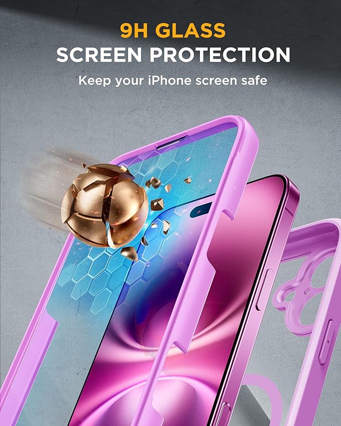 Miracase Magnetic for iPhone 16 Plus Case Full-Body Phone with Built-in Glass Screen Protector, [Compatible with MagSafe] Military Drop Proof 16 Plus Cover Bumper 6.7 inch, Pink