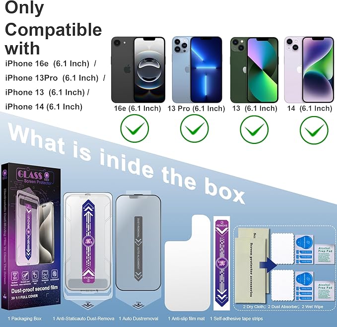 2 Pack Matte Screen Protector for iPhone 16e and iPhone 14 and iPhone 13 and iPhone 13 Pro 6.1-Inch Auto Dust Removal, No Bubbles, Tempered Glass Film, Easy Installation