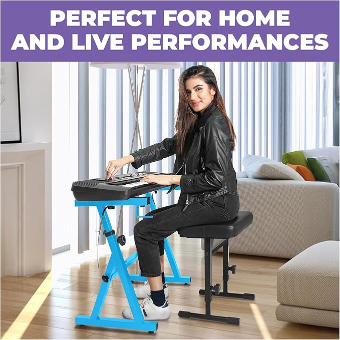 Liquid Stands Portable Heavy Duty Digital Piano Stand & Bench Set - Adjustable Keyboard Music Stand & Seat for 54-88 Key Electric Pianos (Light Blue)
