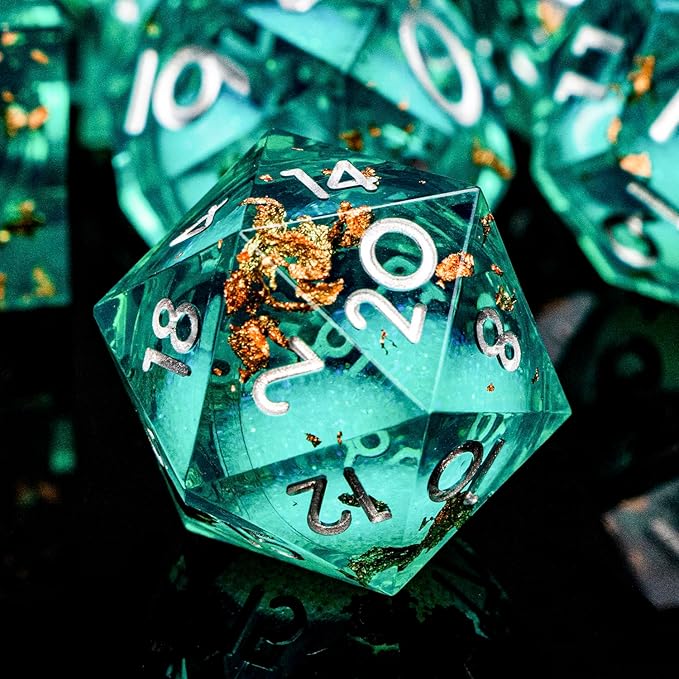 DND Dice Green Liquid Core Dice Set with Metal Box, Handmade Sharp Edge D and D Polyhedral Dice for use with RPG D&D Role Playing Game