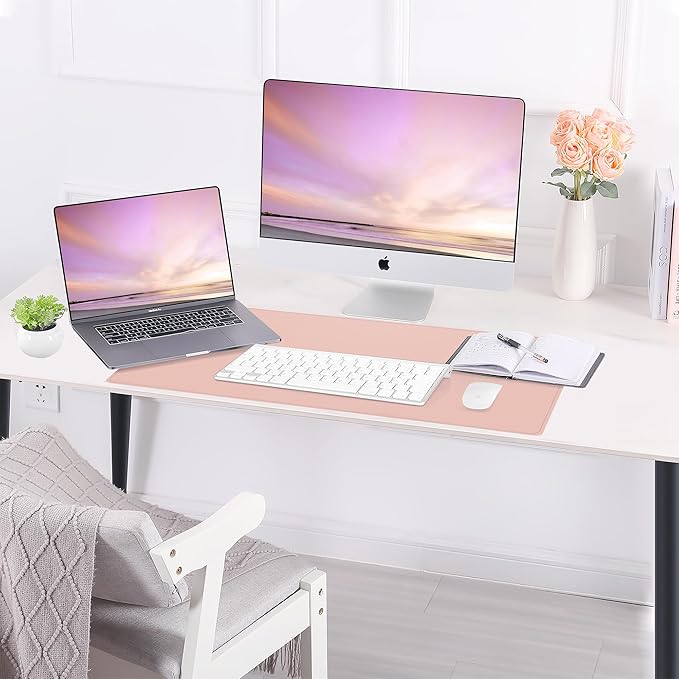 AFIING Dual-Sided Desk Pad, Natural Cork & PU Leather Large Mouse mats for Office and Home Work, Desk Protector Non-Slip, Waterproof, Easy Clean (Pink, 23.6" x 13.7")