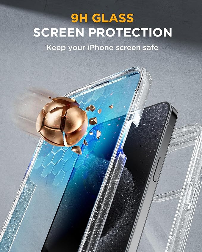 Miracase Glass Series for iPhone 15 Pro Max Case 6.7 Inch, Full-Body Drop Proof Phone Case for iPhone 15 Pro Max with Built-in 9H Tempered Glass Screen Protector + Camera Protector, Clear Glitter
