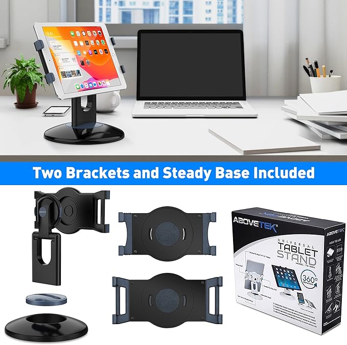 AboveTEK Retail Kiosk iPad Stand, 360° Rotating Commercial POS Tablet Stand, Fits 6"-13" (Screens) iPad mini Pro-Business Swivel Tablet Holder, for Store Office Reception Kitchen Desktop (Black)