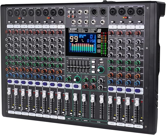 GF12 Multifunction 12 Channel Audio Mixer Stage Performance Mixer Isolated Independent Mute Built-in 7 Level Equalizer and 99 Reverb DJ Mixer for Stage Performance/Karaoke/DJ Music