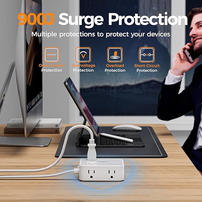 TESSAN Surge Protector Power Strip, 5 Ft Flat Plug Extension Cord with 3 USB (1 USB C) 8 Outlets, 1250W, 900J Protection, 3 Sided Outlet Extender with Power Switch for Office, Dorm Room Essentials