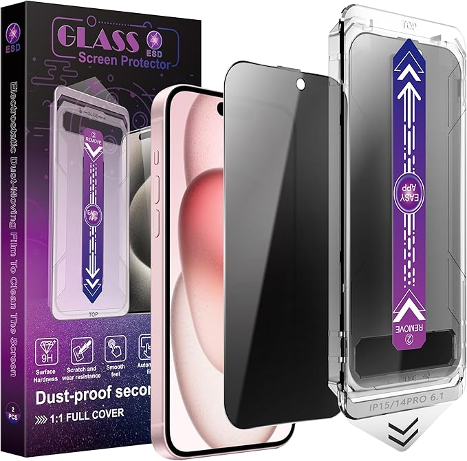 2 Pack Privacy Screen Protector for iPhone 14 Pro/iPhone 15 / iPhone 16, 9H Tempered Glass, Full Coverage, Anti-Fingerprint, Auto Dust-Elimination, No Bubble, Easy Installation