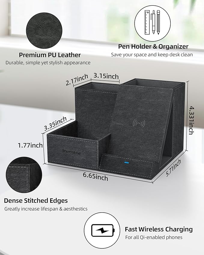 Wireless Charger with Desk Organizer, Pen Pencil Holder, Multifunctional Desktop Organizer, Office Supplies and Desk Accessories Organizer with 3 Compartments and 1 Phone Stand, PU Black