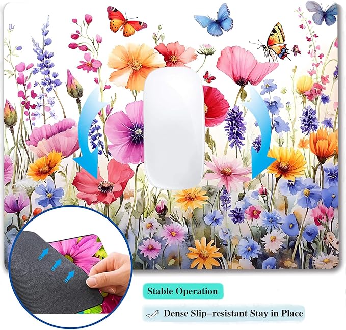 Colorful Wildflowers Floral Butterfly Custom Mouse Pad with Non-Slip Rubber, Small Square Design for Wireless Laptop & Computer Mouse Pads for Desk, 9.5 x 7.9 inch Smooth Surface for Gaming & Office