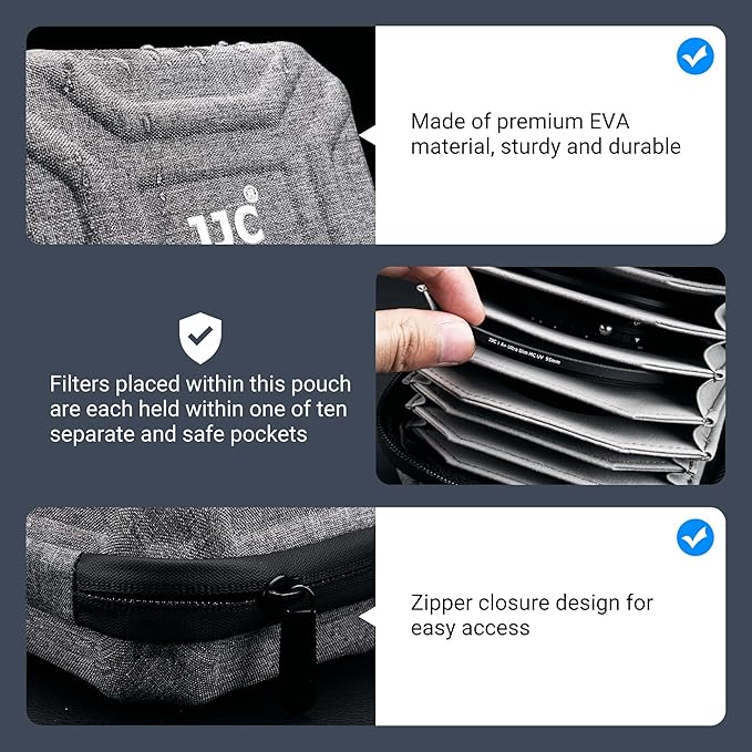 JJC 10 Pockets Hard Shell Lens Filter Bag Up to 95mm, Water Resistant & Dustproof, Camera Filter Pouch Carrying Case for Photography Round Filter with Microfiber Cleaning Cloth