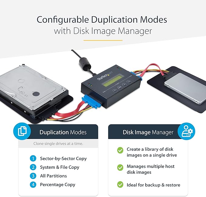 StarTech.com 1:1 Standalone Hard Drive Duplicator with Disk Image Manager For Backup and Restore, Store Several Disk Images on one 2.5/3.5" SATA Drive, HDD/SSD Cloner, No PC Required, TAA