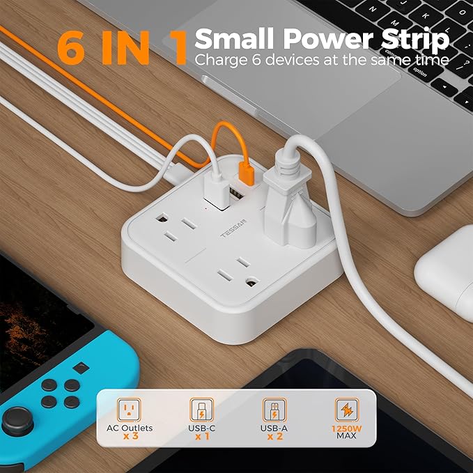 Extension Cord with Multiple Outlets 5 FT, TESSAN Small Flat Plug Power Strip with 3 USB (1 USB C) and 3 AC, Surge Protector Charging Station for Office, School, Dorm Room Essentials, White