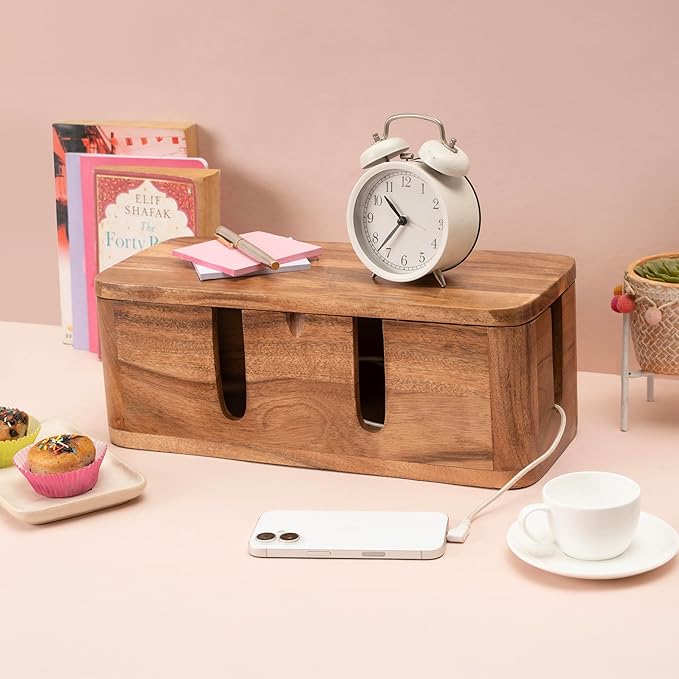 Cable Management Box & Cord Organizer- Cable Organizer for Desk, Home, Office. Hides Wires, Surge Protectors, Power Strips. Eco Friendly Mango Wood Cord Management Solution (Natural Acacia)