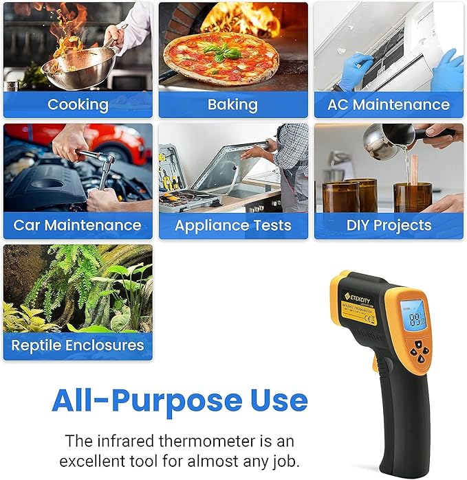 Etekcity Infrared Thermometer Temperature Gun 800, -58℉ to 1382℉ with 16:1 DTS Ratio, Digital Laser Temp IR Tool for Cooking, Pizza Oven, Griddle, Fridge, Engine, Pool, Non Contact, Yellow