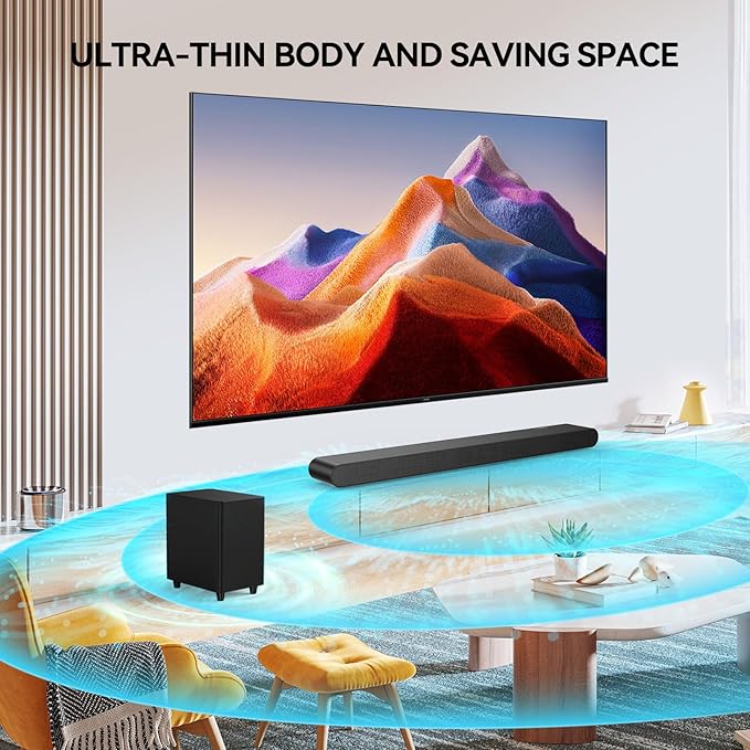 3.1CH Dolby Atmos Soundbar for Smart TV, 390w Virtual Atomos Surround Sound & Wired Subwoofer, 4K HDR Passthrough, HDMI/eARC Home Theater System