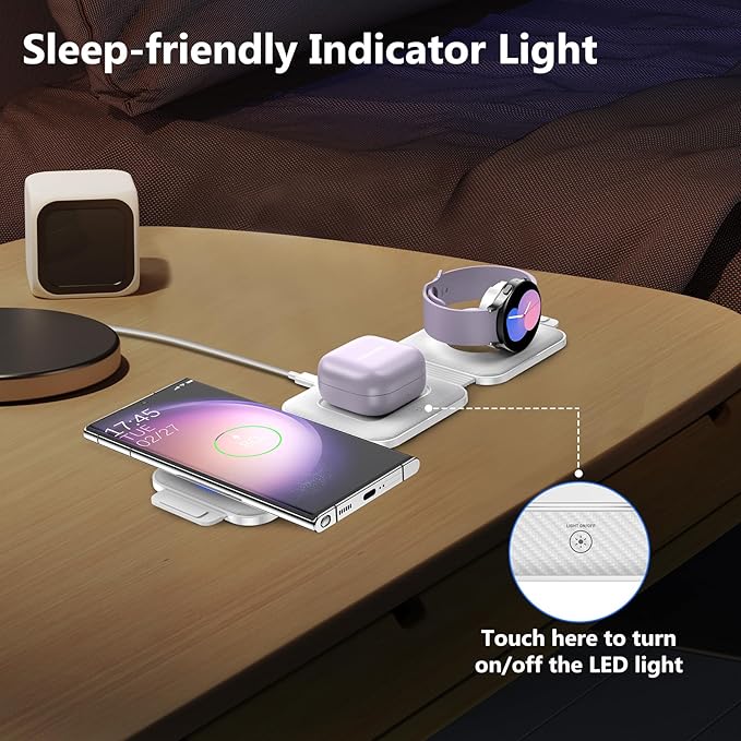 Travel Charger for Samsung Multi Devices, Foldable 3 in 1 Wireless Charging Station Fast Charging Stand/Pad Compatible for Samsung Galaxy S25/S24/S23/S22/S21/Note20 Galaxy Watch8/7/6/5/4/Galaxy Buds4