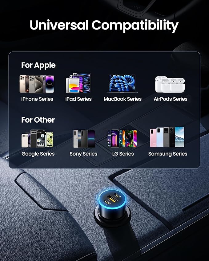 PISEN 60W 3-Port USB C Car Charger - PD30W & QC3.0 Fast Charging, Multi Device Compatible, LED Indicator, Durable Design, Safety Certified for iPhone 16/15/14/13/12 Series
