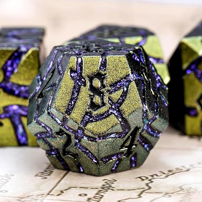 Dice Set D&D Metal,DND Metallic Glitter Crack Dice with Gift Box for RPG Board Games (Greenish Yellow Color + Purple)