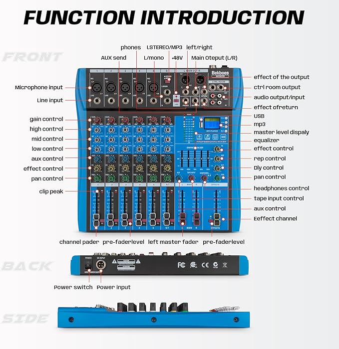 Professional Audio Mixer, 6 Channel, Input 48V Phantom Power Stereo Digital USB Bluetooth MP3 Computer Input, Build-in 16 Effect DSP, for Recording, Live Streaming, Podcasting MG60S