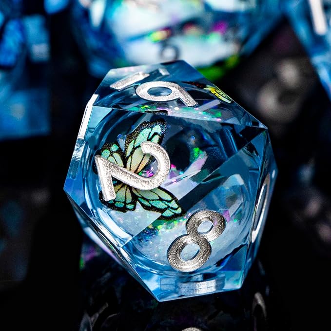 Butterfly DND Dice Colorful Blue Liquid Core Dice Set with Metal Box, Handmade Sharp Edge D and D Polyhedral Dice for use with D&D Role Playing Game, D20 D12 D10 D8 D6 ﻿