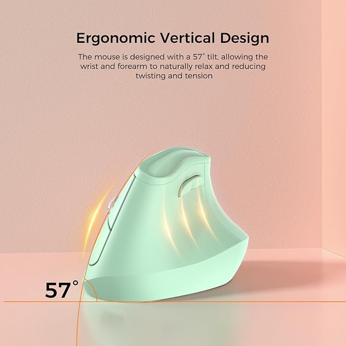 57° Ergonomic Wireless Tower Mouse, Vertical Quiet Ergo Mouse, Bluetooth(BT5.0,BT3.0)&2.4G, (800/1200/2400/2400/4000), 5 Buttons for Windows, macOS, iPadOS, Laptop, PC (Green)