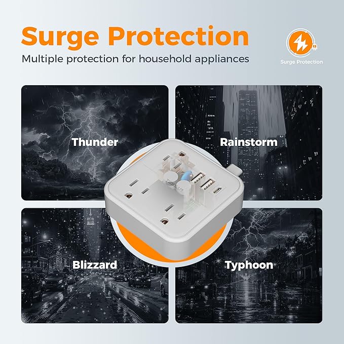 Extension Cord with Multiple Outlets 5 FT, TESSAN Small Flat Plug Power Strip with 3 USB (1 USB C) and 3 AC, Surge Protector Charging Station for Office, School, Dorm Room Essentials, White