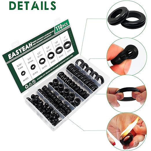 110 Pcs Rubber Grommets for Wiring - Rubber Grommet Assortment Kit 6 Sizes 5/16 3/8 1/2 5/8 7/8 1 Inch, Cable Hole Plug Firewall Automotive Wire Grommets Set for Sheet Metal, Hardware Repair