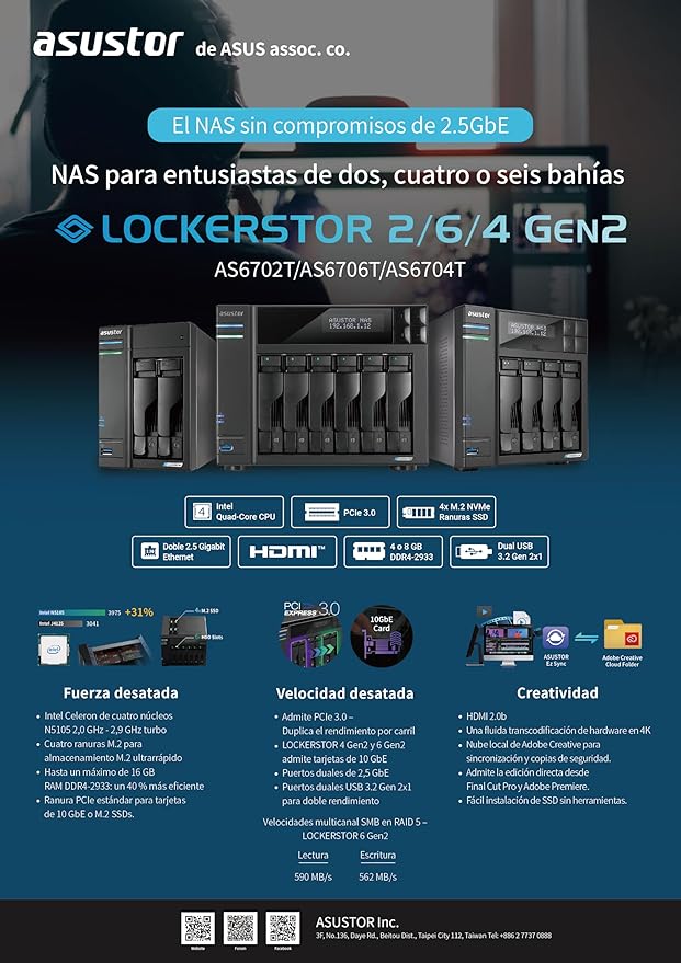 Asustor Lockerstor 2 Gen2 AS6702T - 2 Bay NAS, Quad-Core 2.0 GHz CPU, 4x M.2 NVMe slots (PCIe 3.0), Dual 2.5GbE, 4GB DDR4 RAM, Network Attached Storage (Diskless)