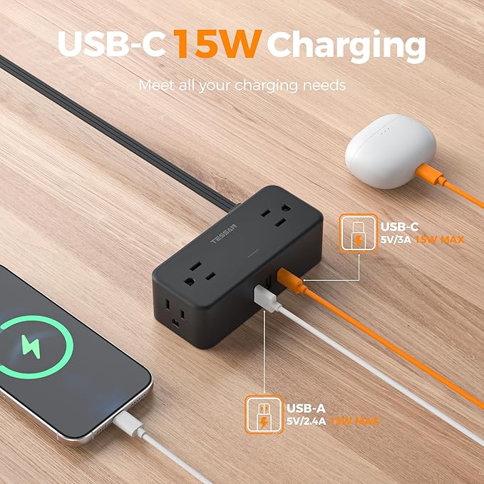 TESSAN Black Extension Cord 5 Ft, Flat Surge Protector Power Strip with 4 Wide Spaced AC Outlets 3 USB Ports (1 USB C), Ultra Thin Flat Plug with 900J Surge Protection, Office Dorm Room Essentials