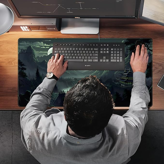XXL Large Gaming Mouse Pad Anime Green Moon Mountains Desk Mat, Desk Decor Mousepad Computer Mat, Non-Slip Rubber Base Desk Pad, Laptop Keyboard and Mouse Mat with Stitched Edges, 31.5x15.75 in