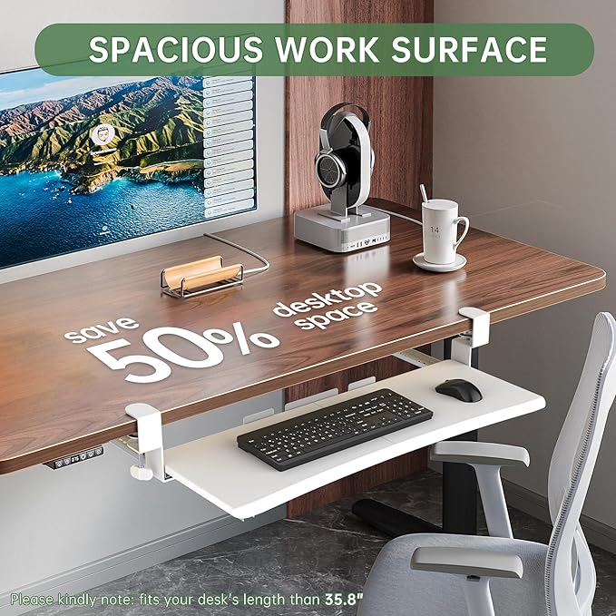 Extra Large Keyboard Tray Under Desk - Slide Out with Sturdy C-Clip Mount System, 31.5" (35.8" Including Clamps) x 11.8" Put-Out Keyboard Tray Computer Drawer for Ergonomic Typing, White