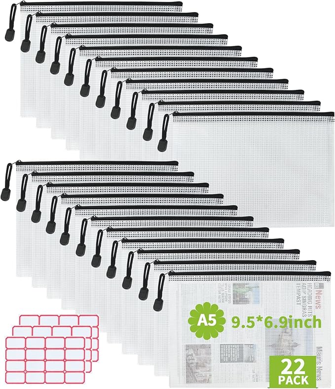 Vuzvuv A5-22 PCS 9.49"x 7.09"Mesh Zipper Pouch Set，Resistant Document File Folders Plastic Mesh Bag with Label Sticker for File, Document, Makeup, Board Game School Office Home Travel Storage