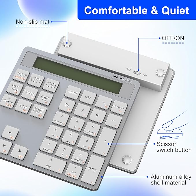 2-in-1 Wireless Number Pad & Calculator, Bluetooth 5.0 Numeric Keypad with USB-C Charging, 34-Key Portable Number Pad for Laptop, MacBook, PC, Windows, iOS & Android Devices