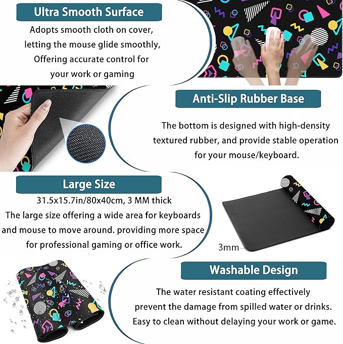 Retro 80s Desk Mat, Cute 90s XXL Large Gaming Mouse Pad, Black Boho Desk Pad with Stitched Edges, Computer Laptop Keyboard and Mouse Mat, Aesthetic Office Decor Non-Slip Mosuepad, 31.5x15.75 in