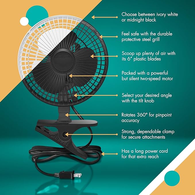 JOEY'Z 2 Pack - 6 INCH - 2 Speed - Adjustable Tilt, Whisper Quiet Operation Clip-On-Fan - Black
